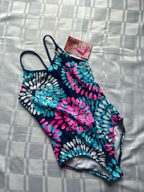 Kanu Surf One-Piece Daisy Swimsuit in Navy with Pink & Teal Colourful Burst